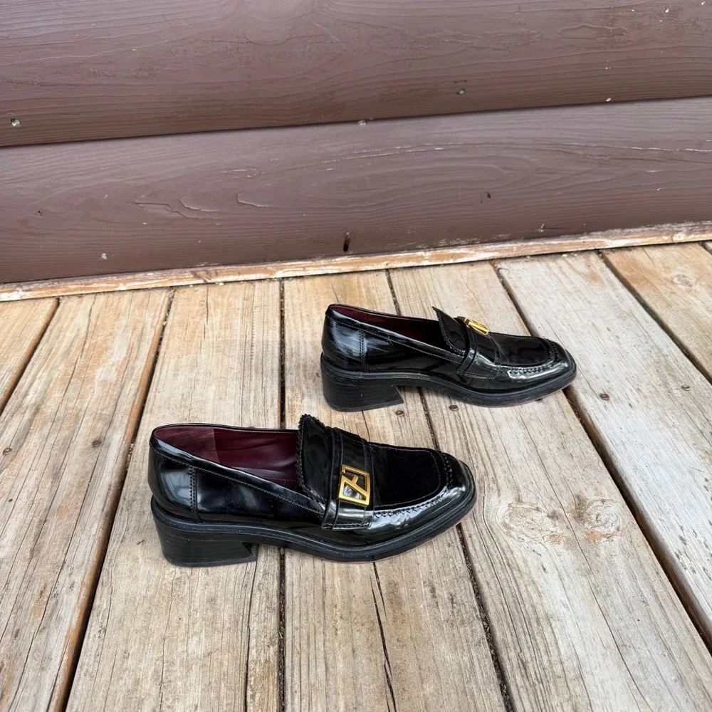 Franco Sarto Gloria Loafers  7M Black Patent Square Toe Block Heel Gold Buckle